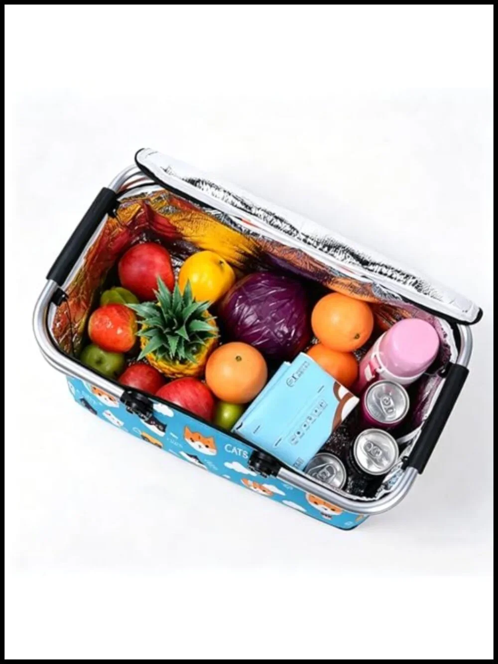 Insulated Collapsible Picnic Basket Grocery Bag with Aluminum Frame, Leak-Proof